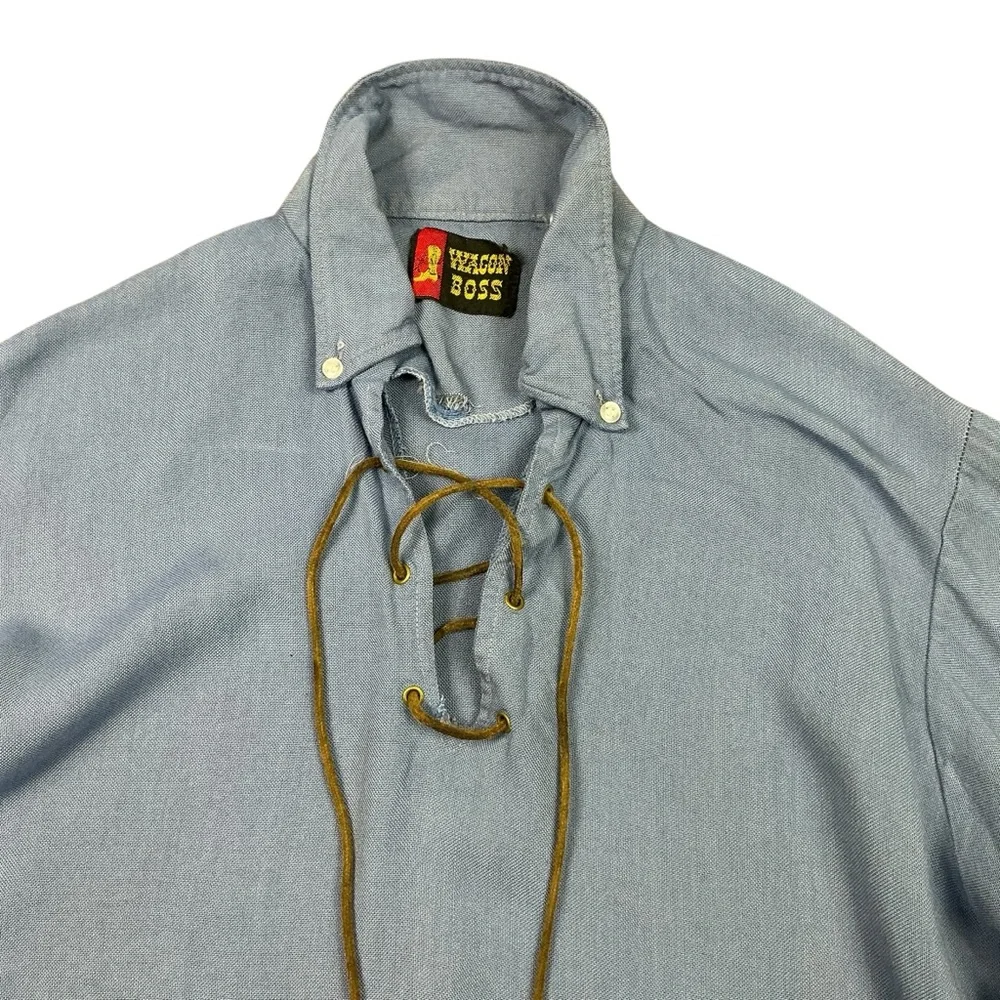 Vintage 60s Wagon Boss rayon lace up pullover shirt USA made SZ Small - Picture 6 of 7